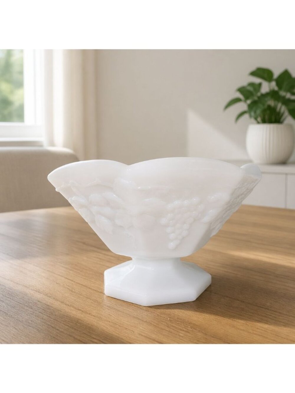Vintage Fruit Bowl White Milk Glass Mid-Century  Pedestal Centerpiece 9"
